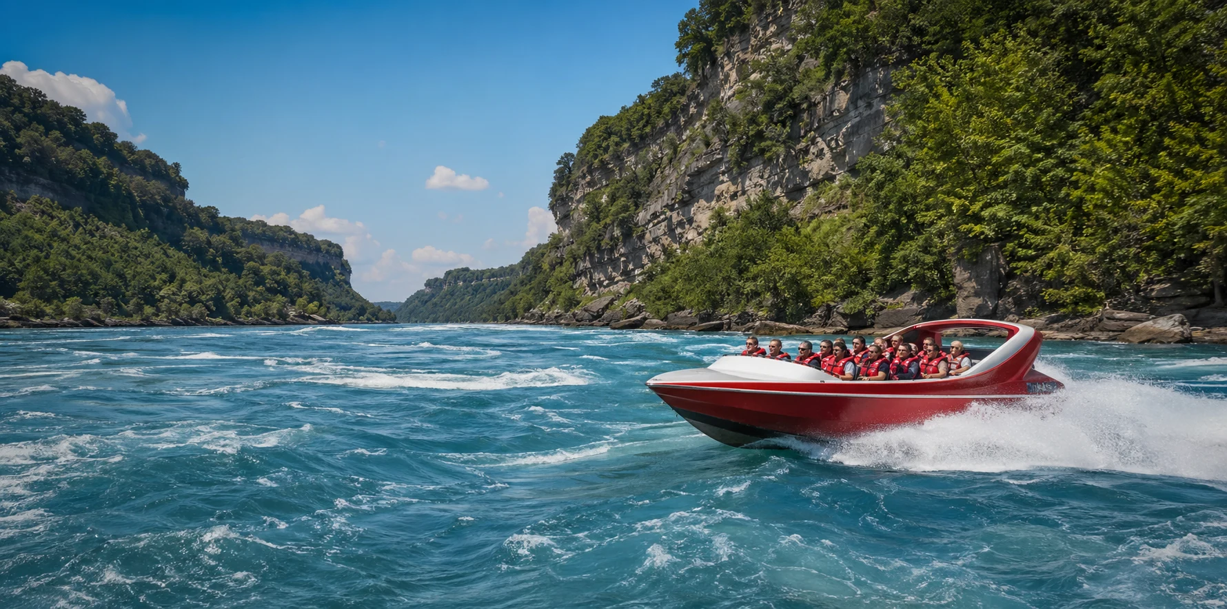 Jet boat moving through the Niagara Gorge on bright blue water