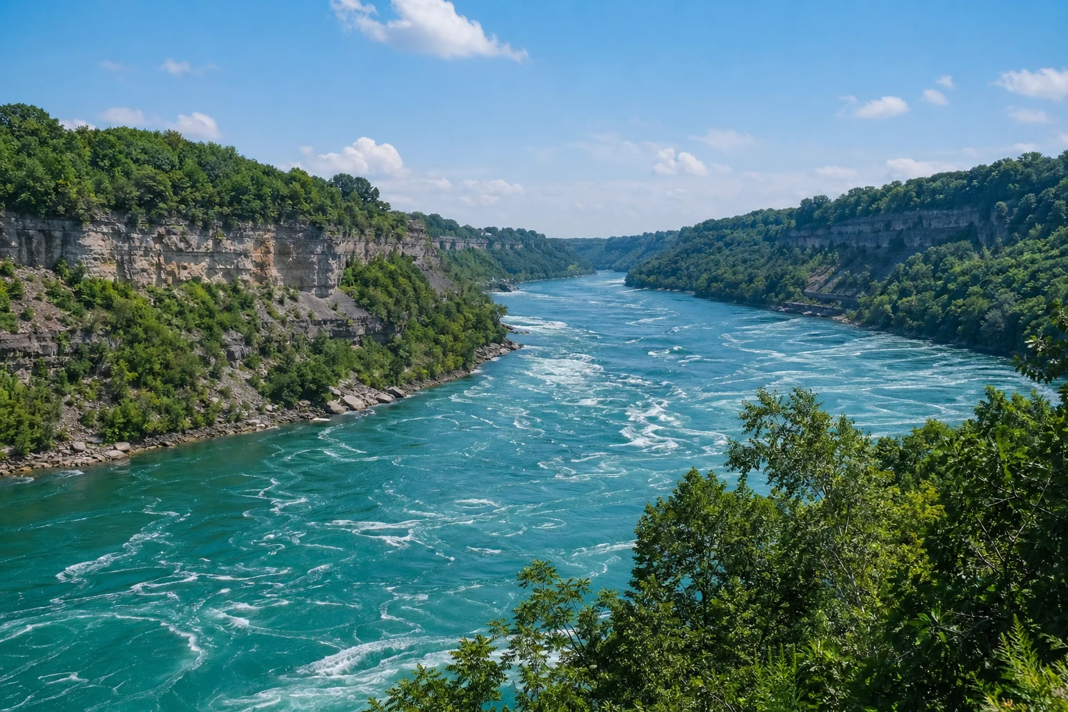 Wide scenic view of the Niagara River and gorge cliffs